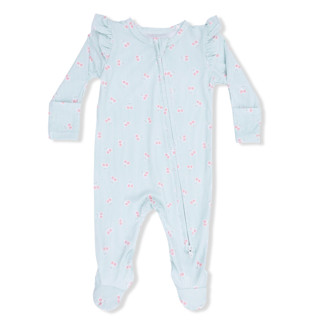 Tiny Cherry Stripe Ruffle Sleeve Zipper Footie