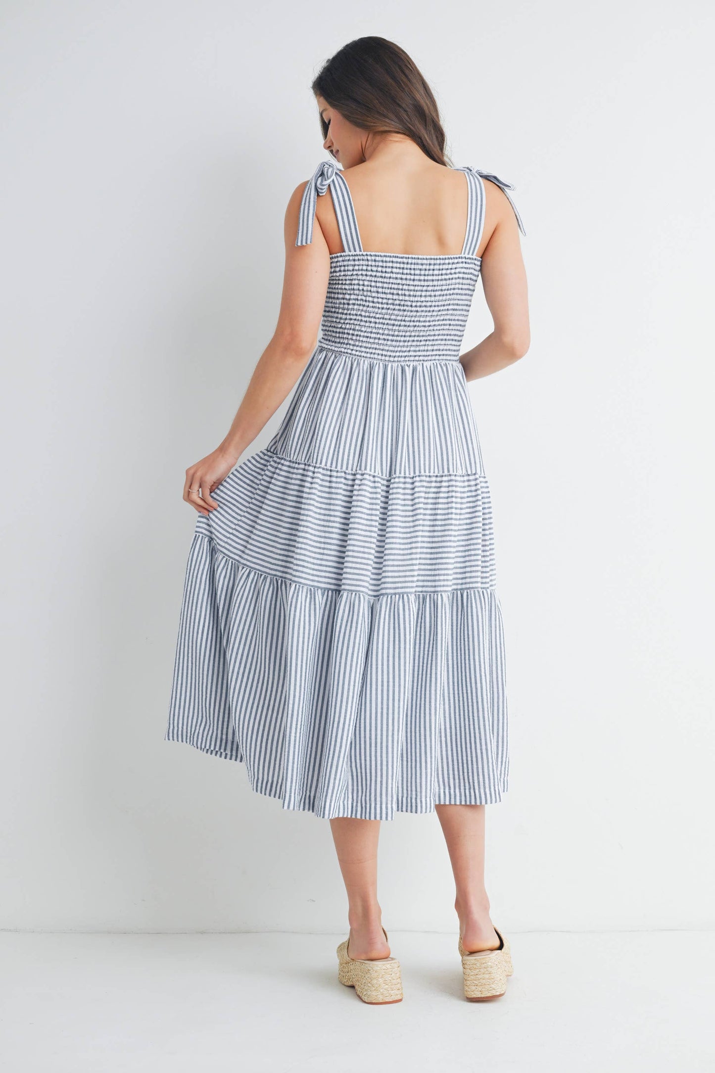 Striped Ruffle Tiered Maternity Midi Dress