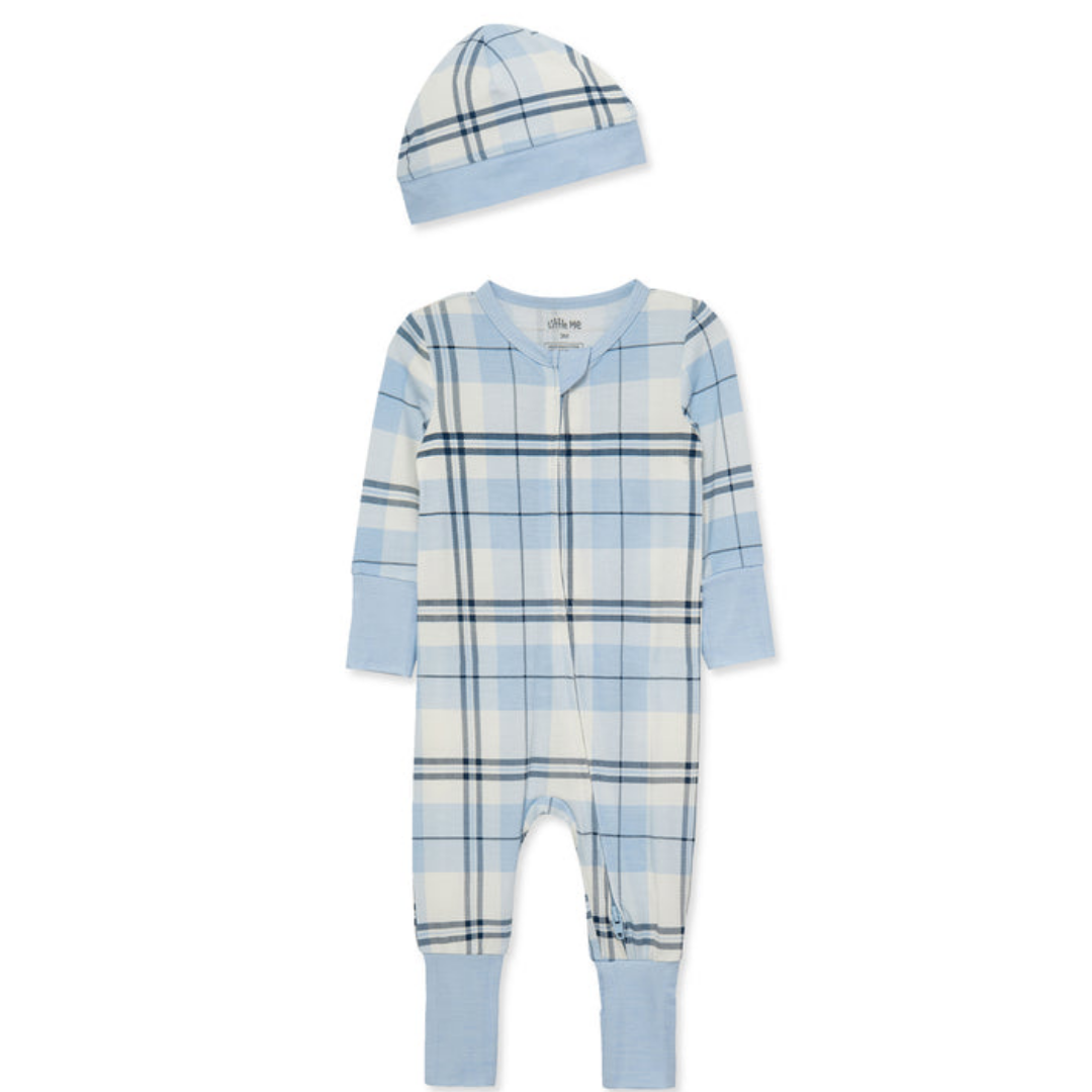 Blue Plaid Convertible Coverall & Hat