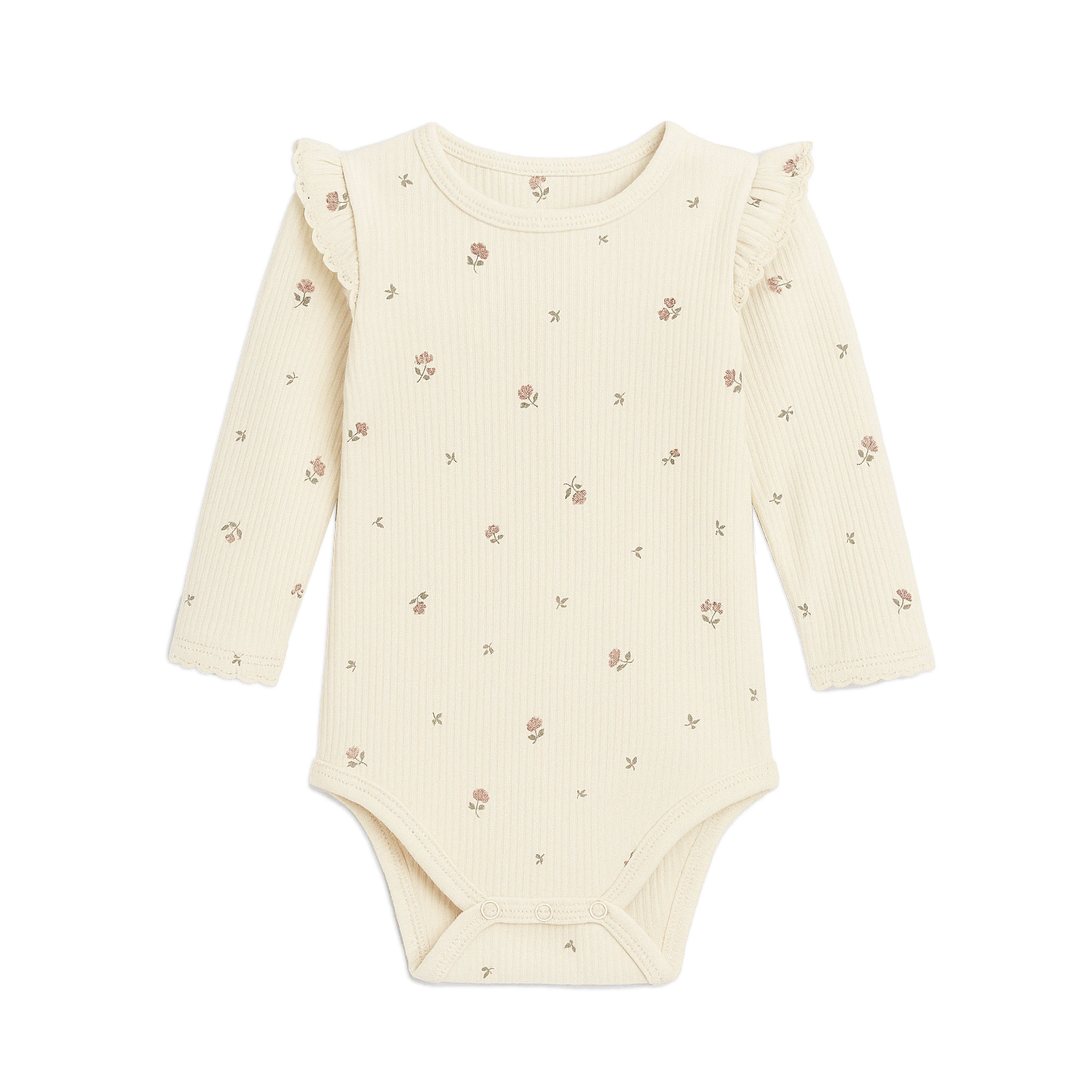 Leza Floral Ribbed Ruffle Long Sleeve Bodysuit