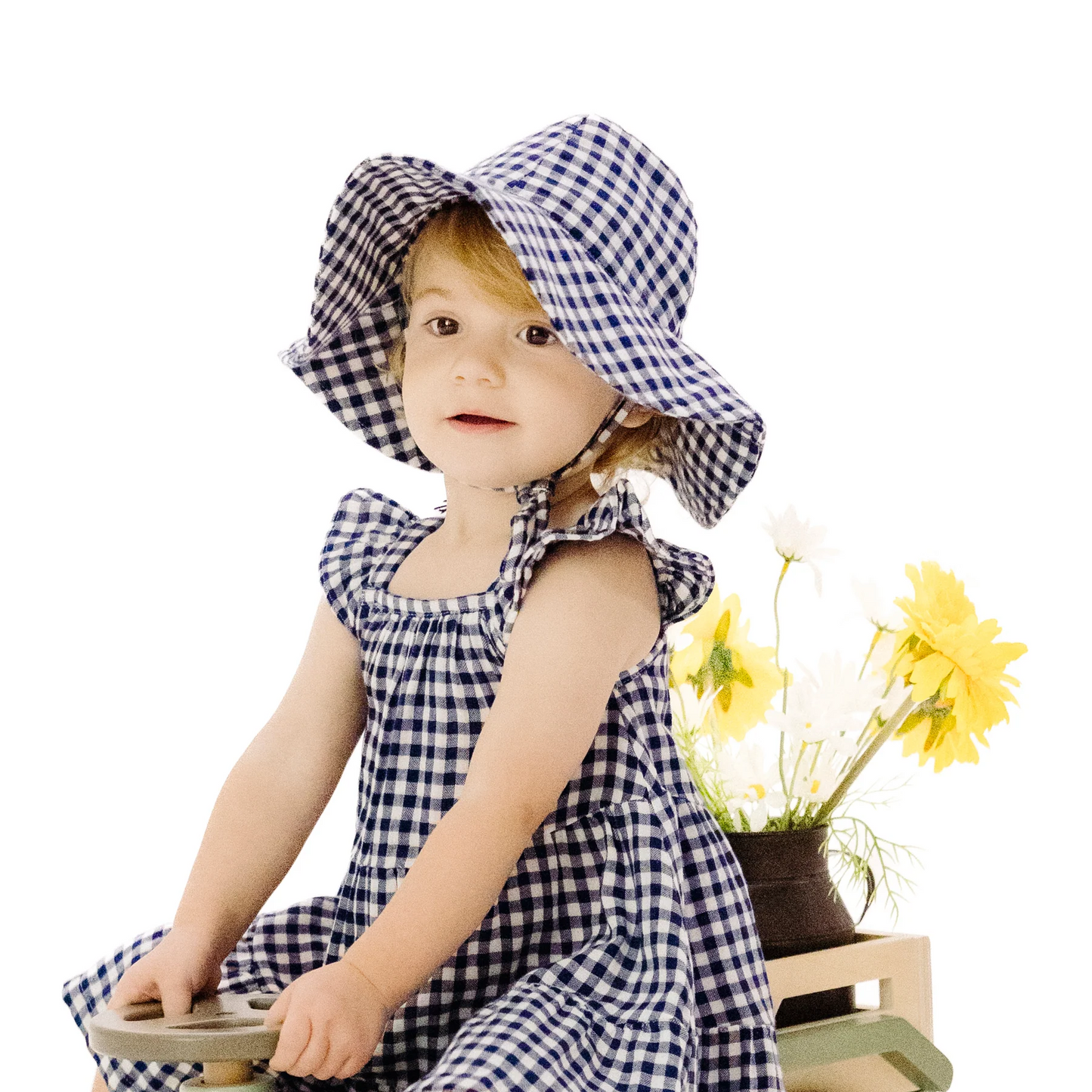 Navy Gingham Wide Brim Sunhat
