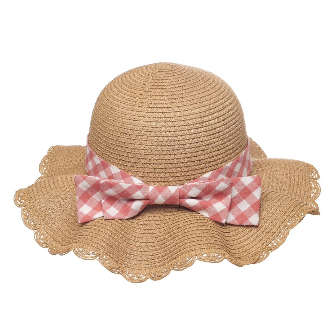 Gingham Bow Scalloped Straw Sunhat