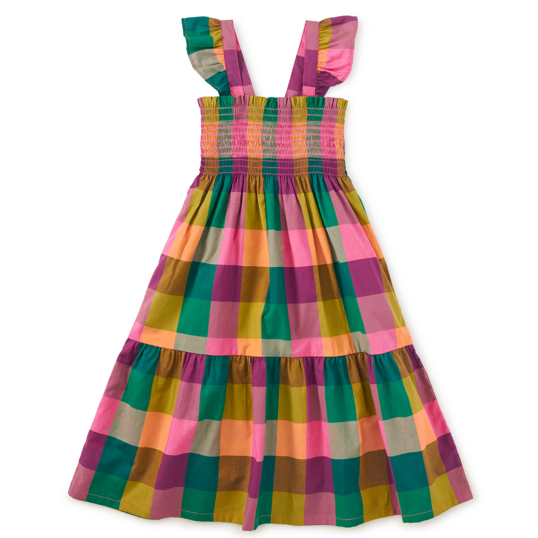 Barcelona Plaid Smocked Flutter Sleeve Dress