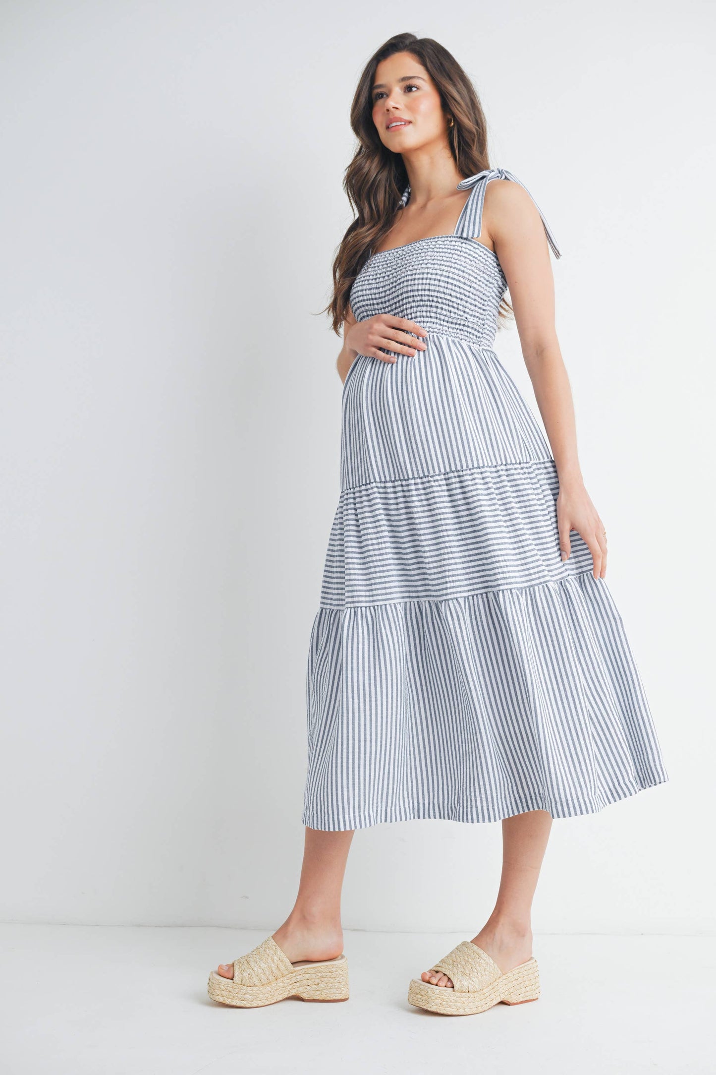 Striped Ruffle Tiered Maternity Midi Dress