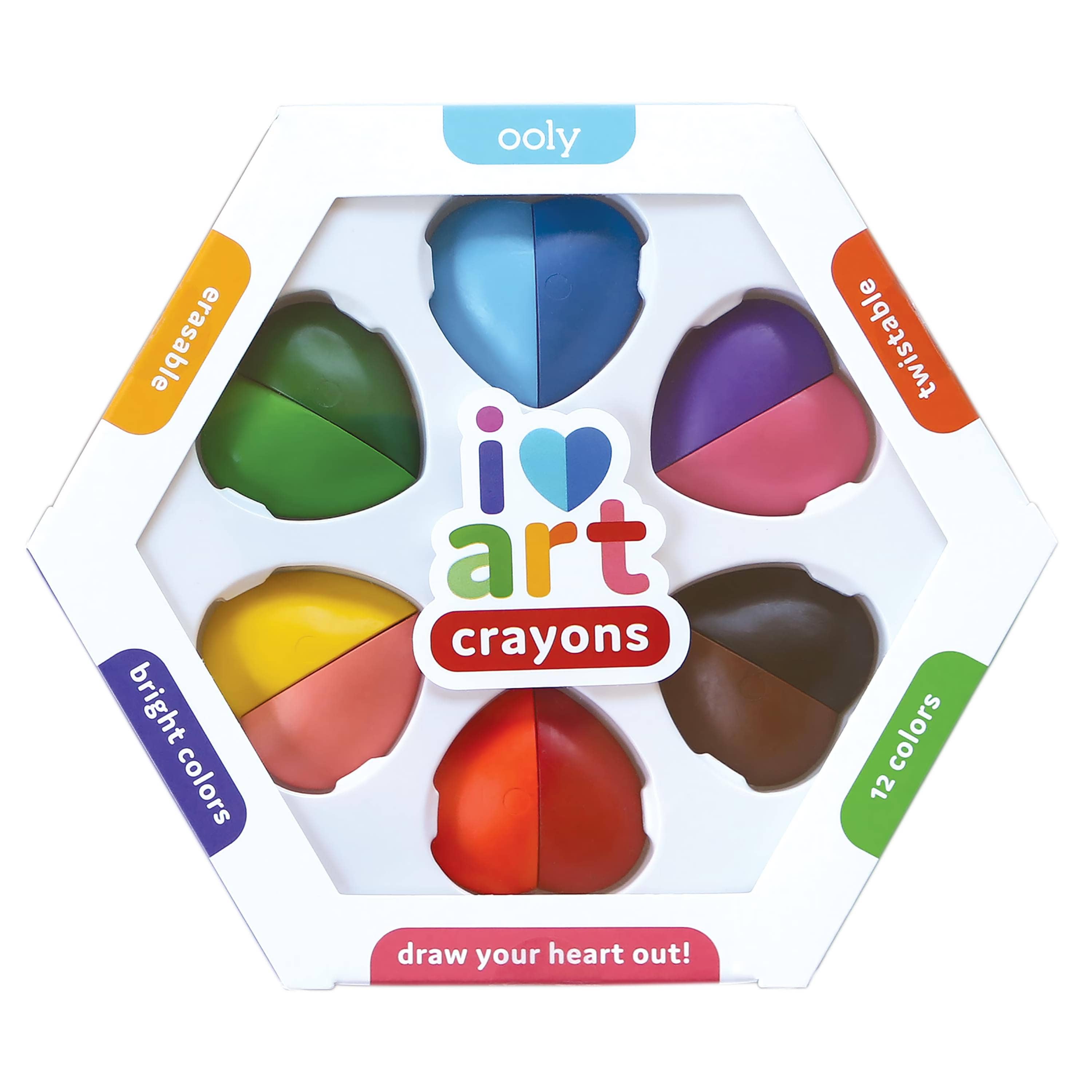 Heart Shaped Erasable Crayons - 12 Colors Twistable Set for Kids | OOLY