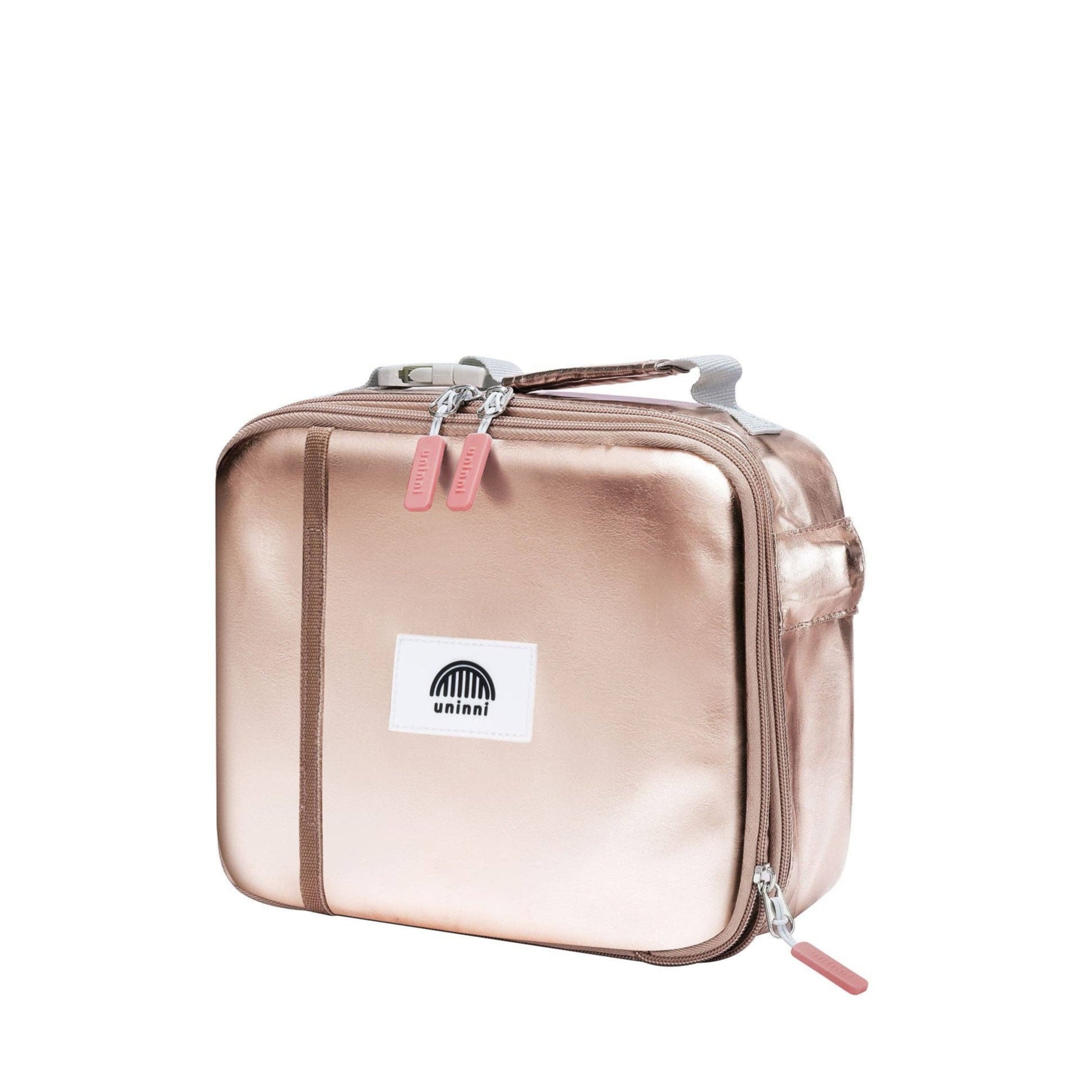 Rose gold travel case with a visible brand logo on a white background