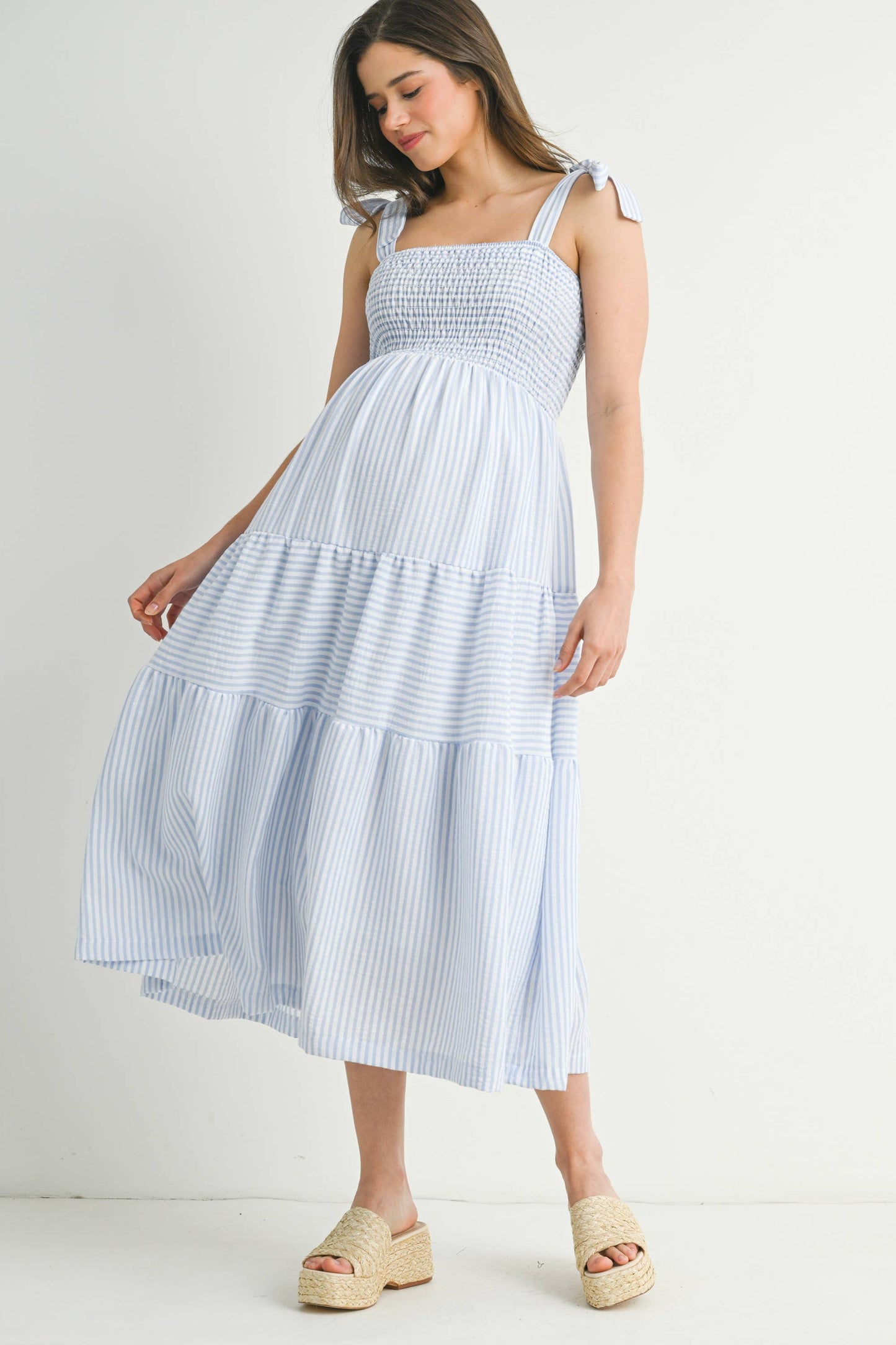 Striped Ruffle Tiered Maternity Midi Dress