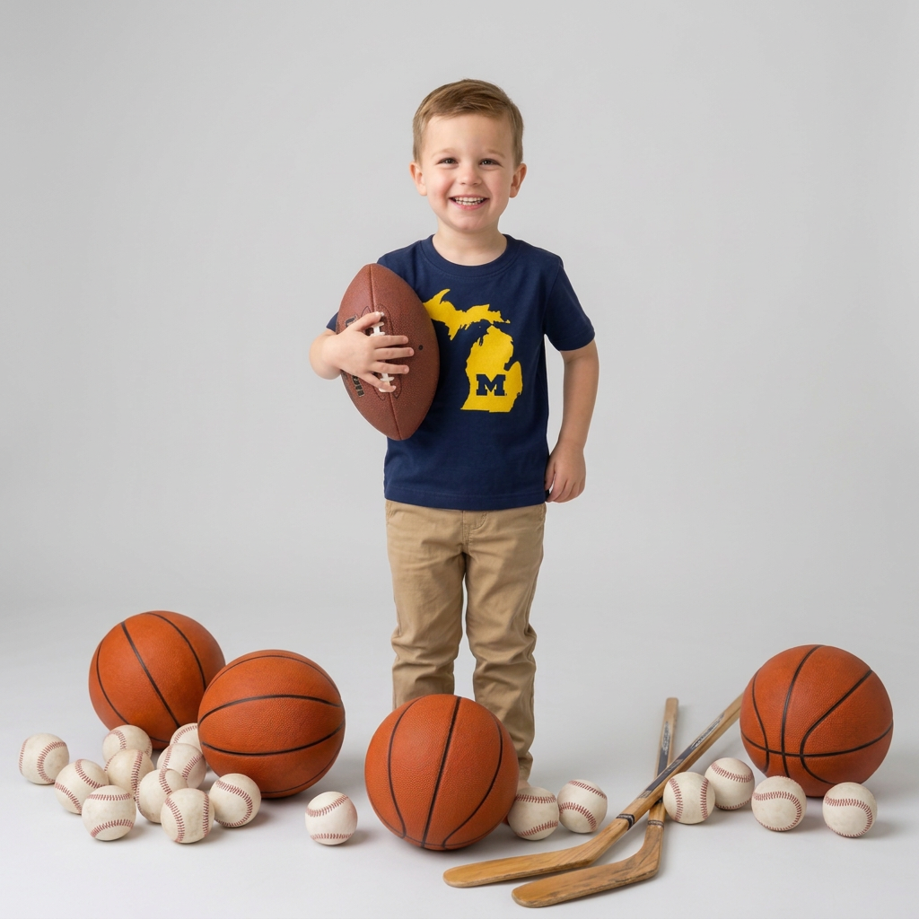 A navy blue short-sleeve baby t-shirt featuring a yellow silhouette of Michigan with a dark blue letter 'M' printed on the lower peninsula, displayed flat against a light off-white background.