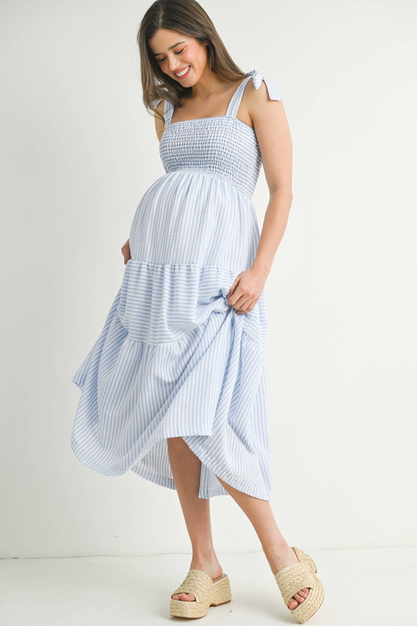 Striped Ruffle Tiered Maternity Midi Dress