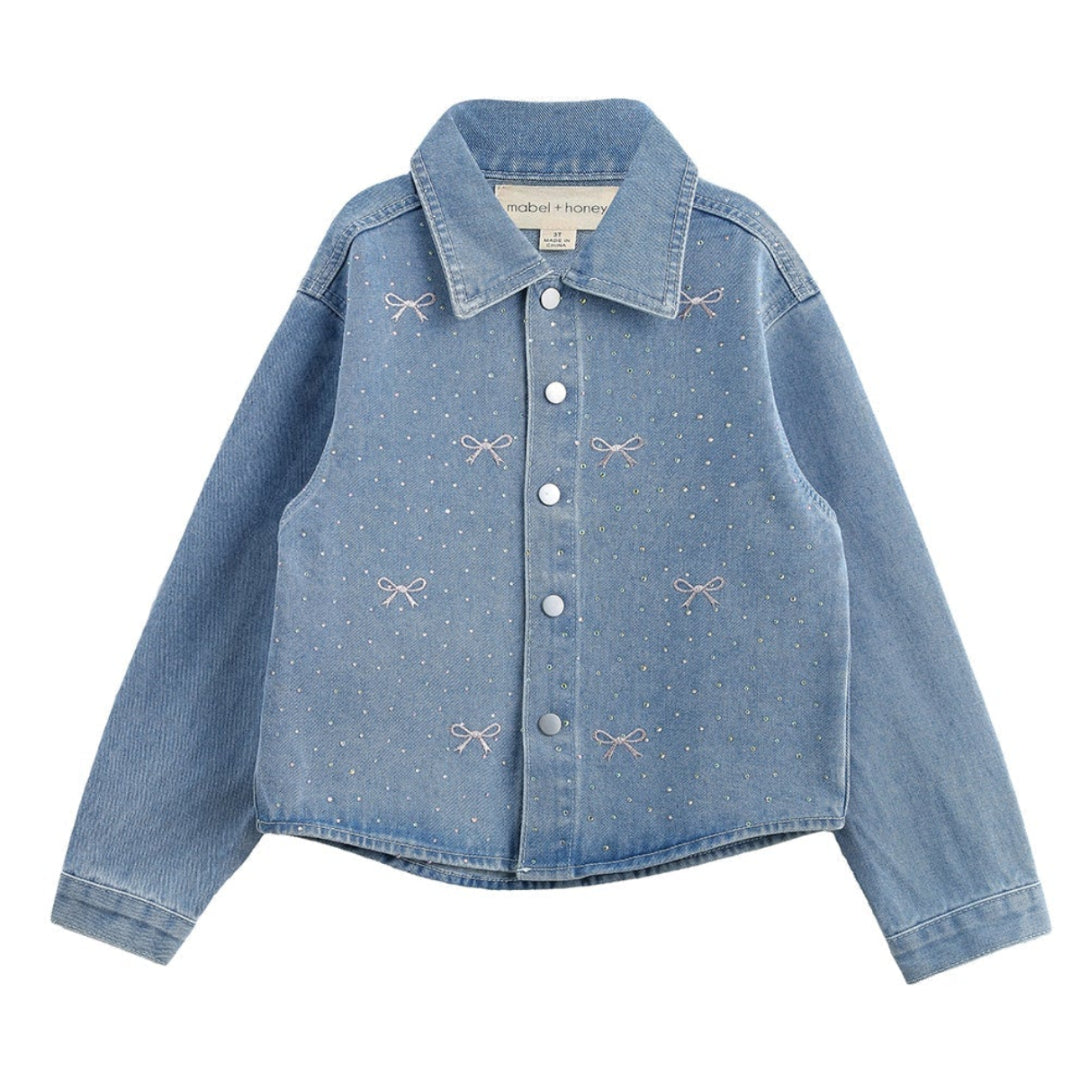 Long Sleeve Embroidered Bow Rhinestone Dot Denim Jacket