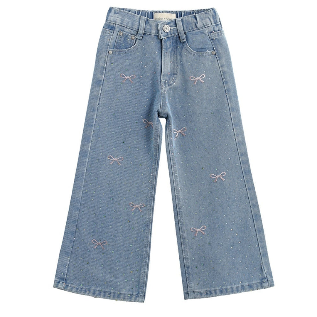Bow Embroidered Rhinestone Wide Leg Denim Pants