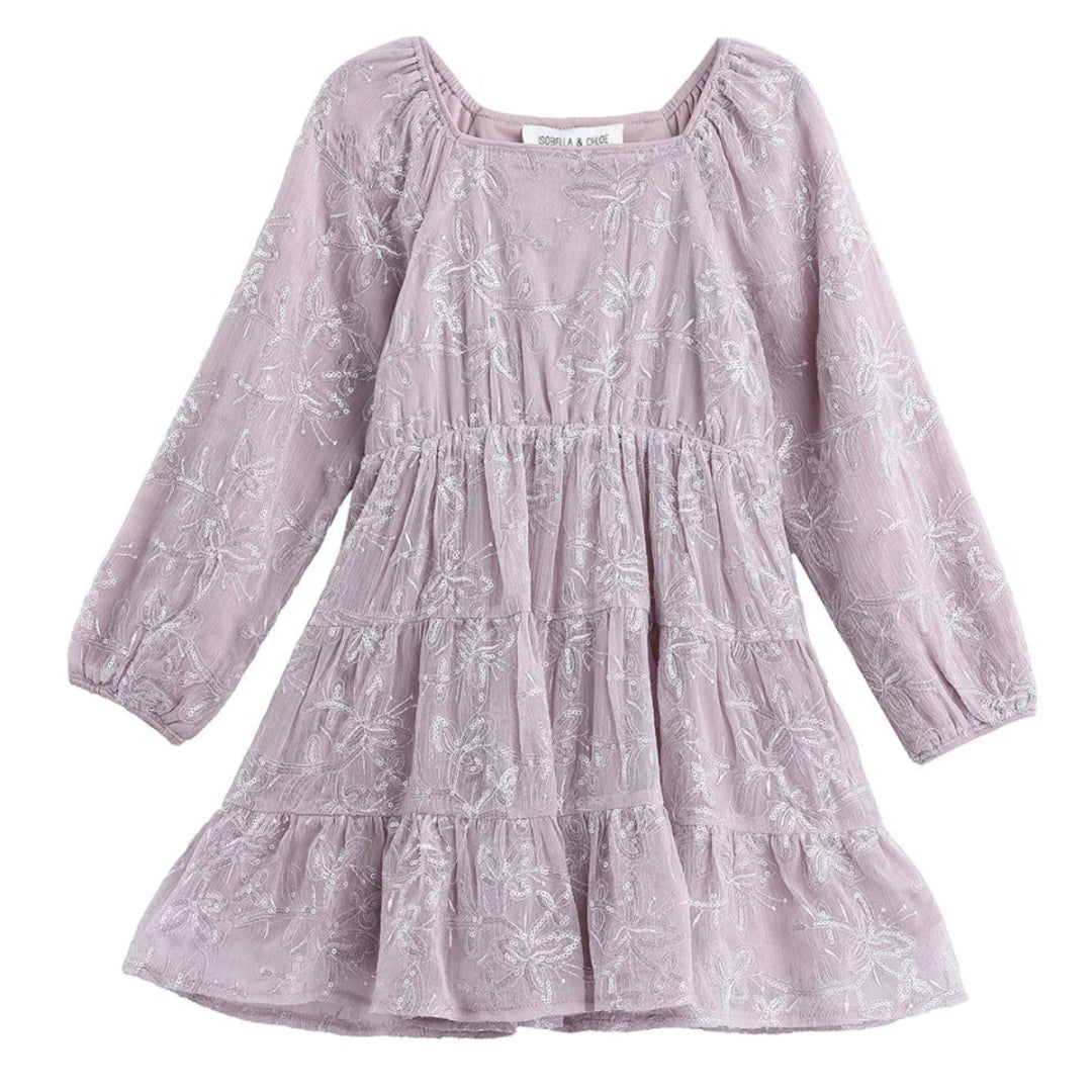 Sugarplum Sparkle Long Sleeve Floral Sequin Square Neck Tiered Dress