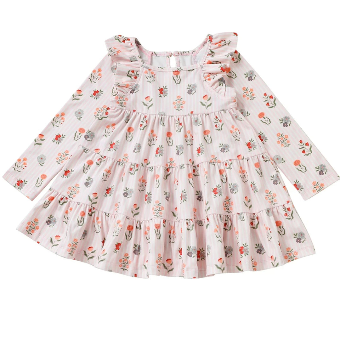 Amelia Rose Long Sleeve Floral Ruffle Trim Tiered Dress