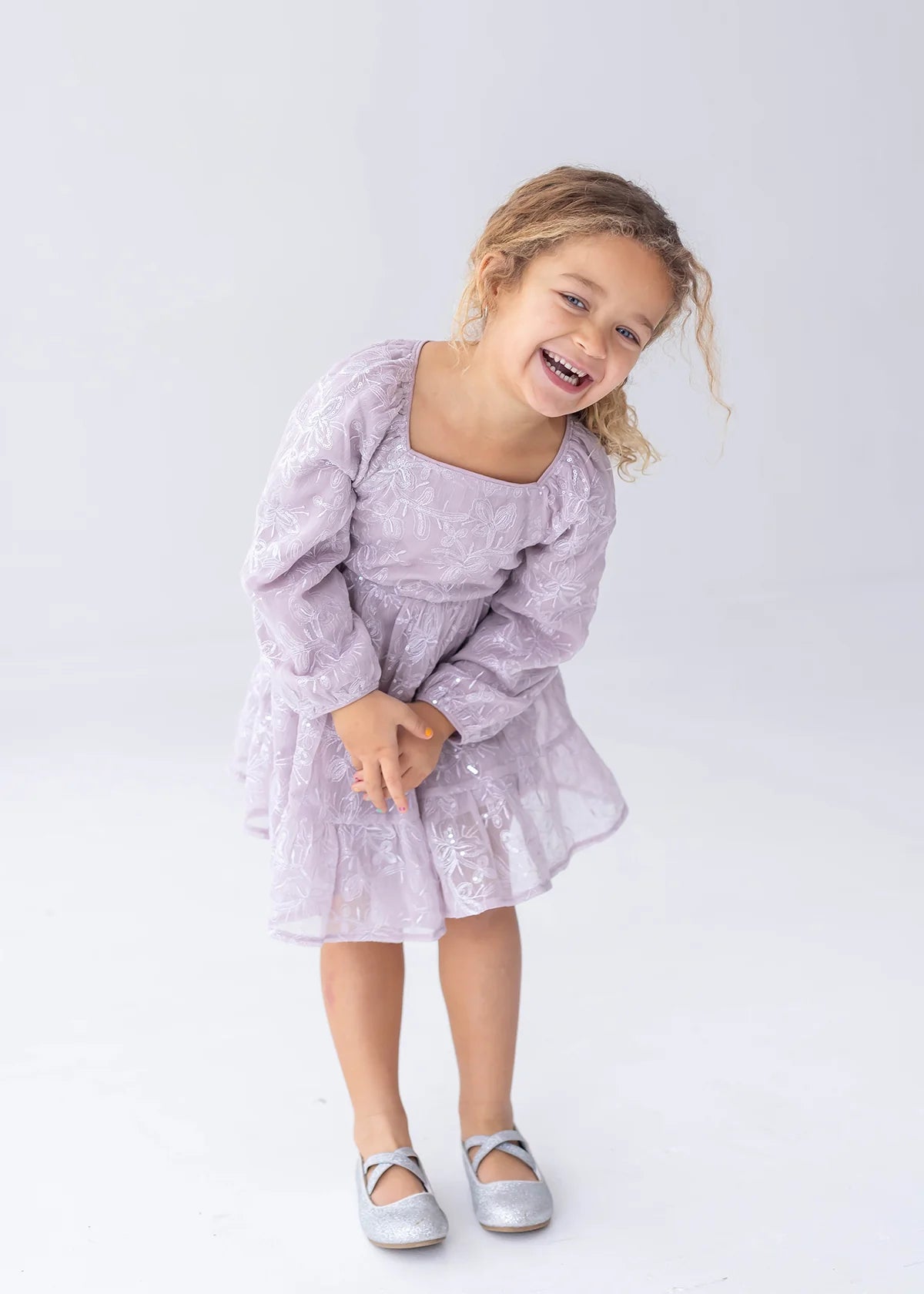 Sugarplum Sparkle Long Sleeve Floral Sequin Square Neck Tiered Dress