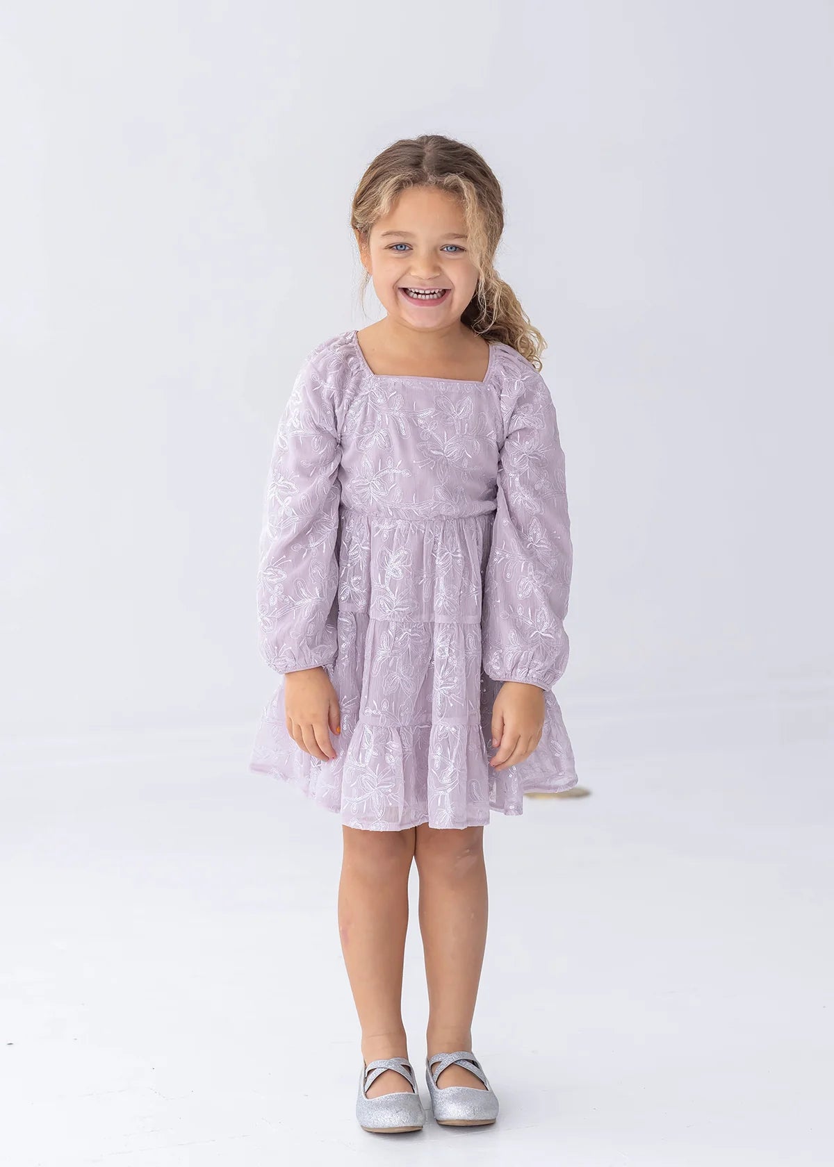 Sugarplum Sparkle Long Sleeve Floral Sequin Square Neck Tiered Dress