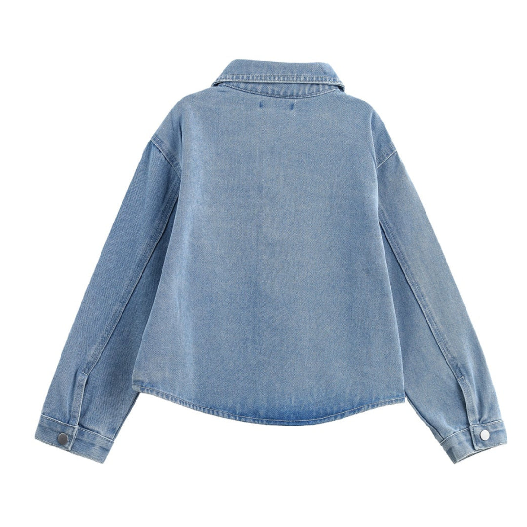 Long Sleeve Embroidered Bow Rhinestone Dot Denim Jacket