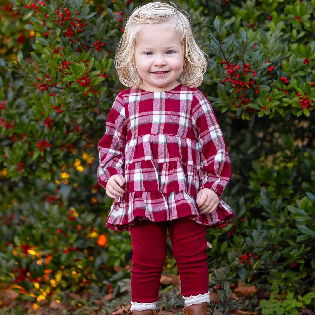 Winterberry Long Sleeve Plaid Tiered Ruffle Top and Legging Set