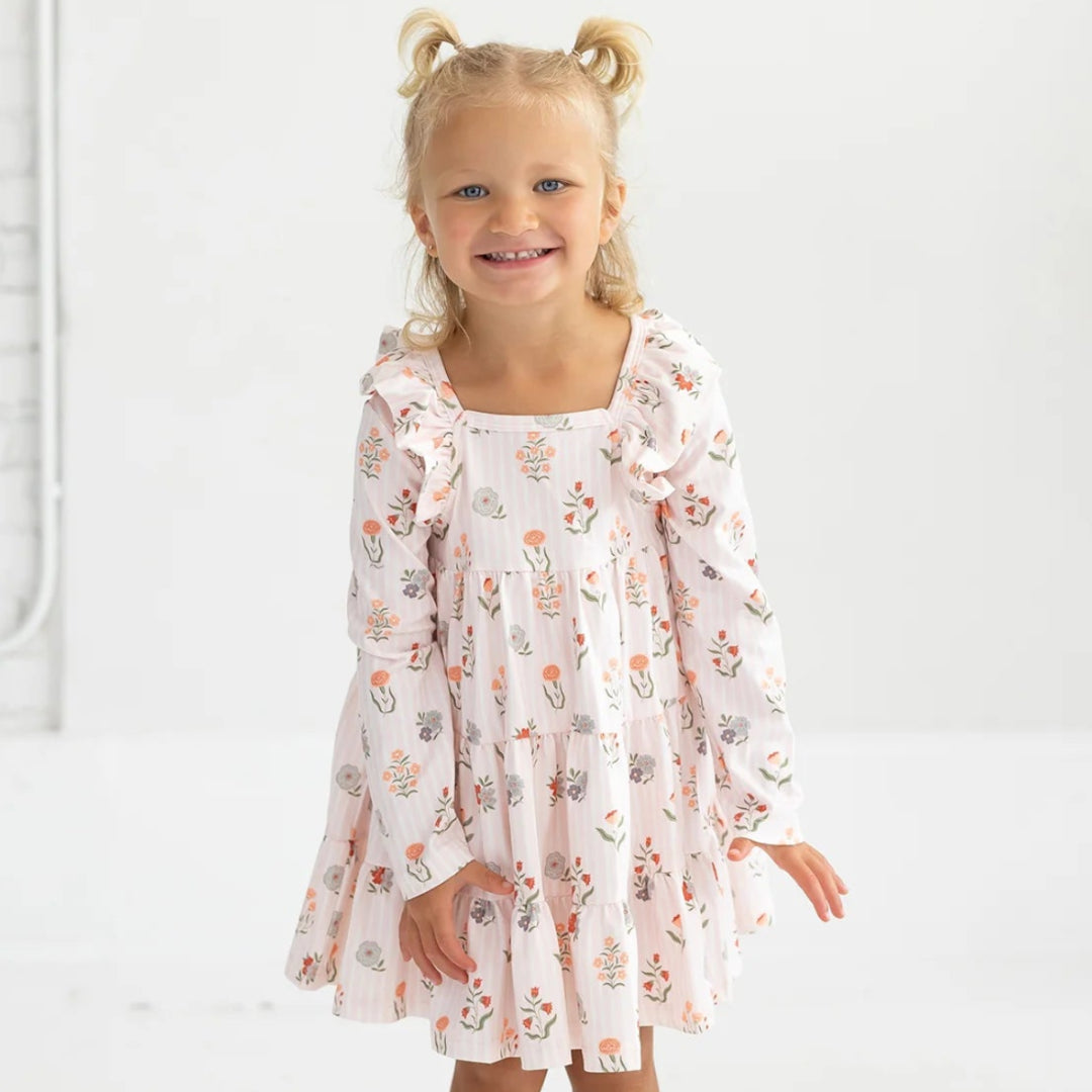 Amelia Rose Long Sleeve Floral Ruffle Trim Tiered Dress