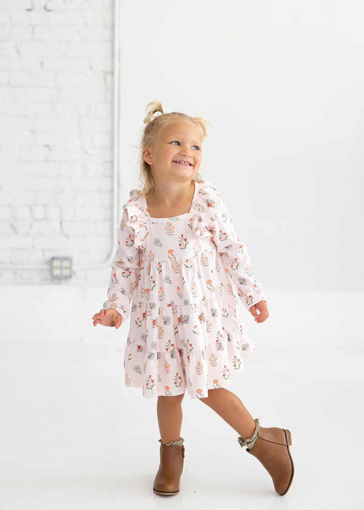 Amelia Rose Long Sleeve Floral Ruffle Trim Tiered Dress