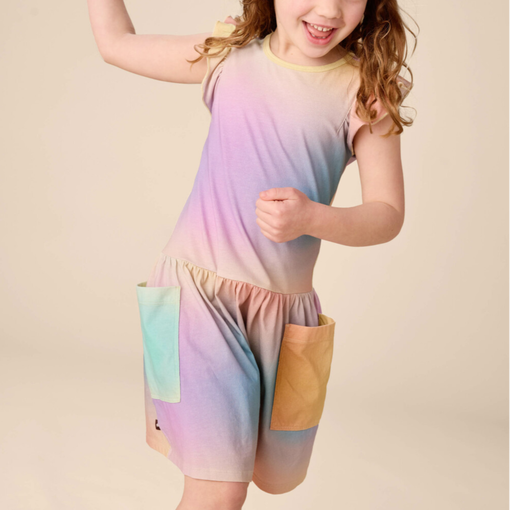 Rainbow Gradiant Flutter Sleeve Pocket Dress