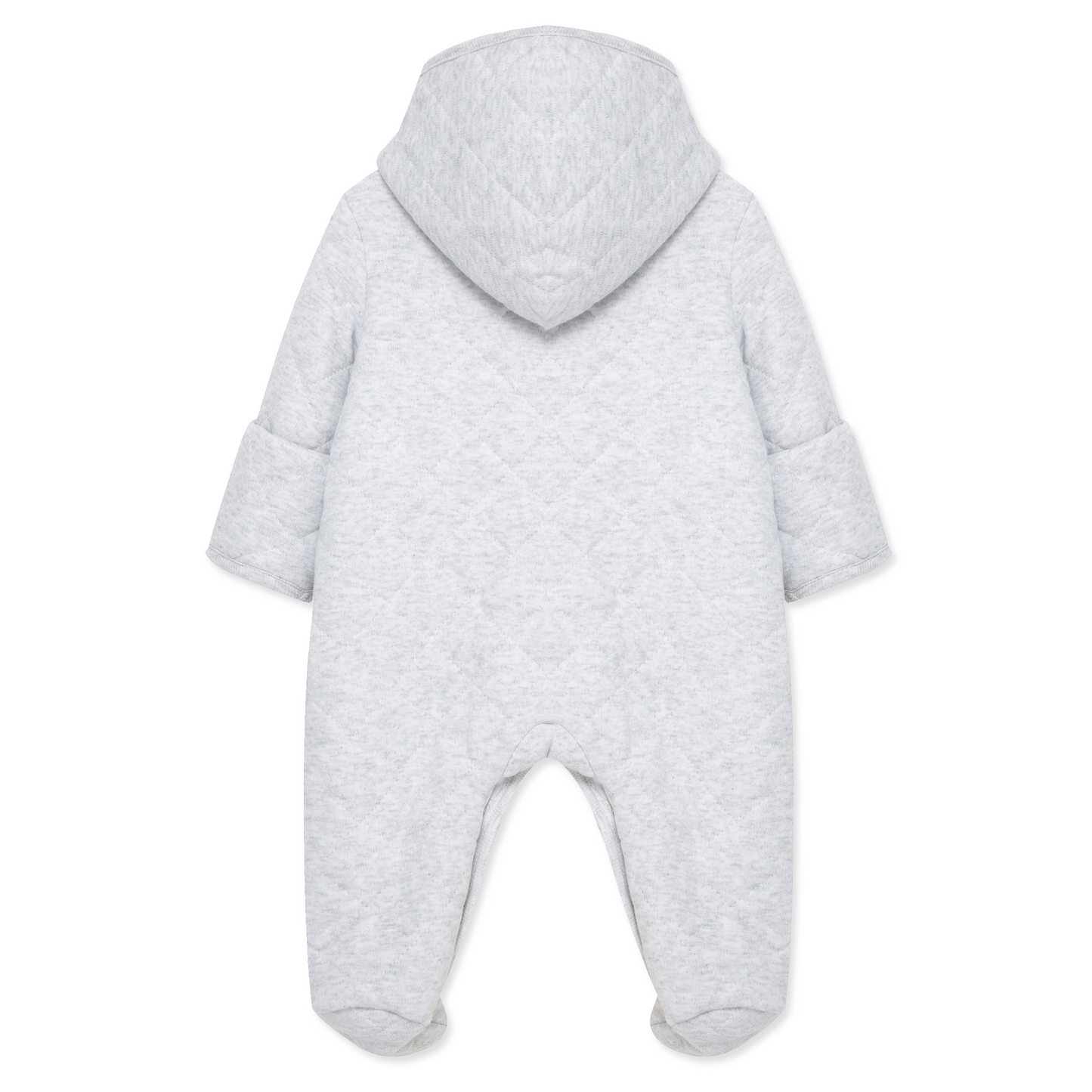 Gray baby snowsuit with a hood on a white background