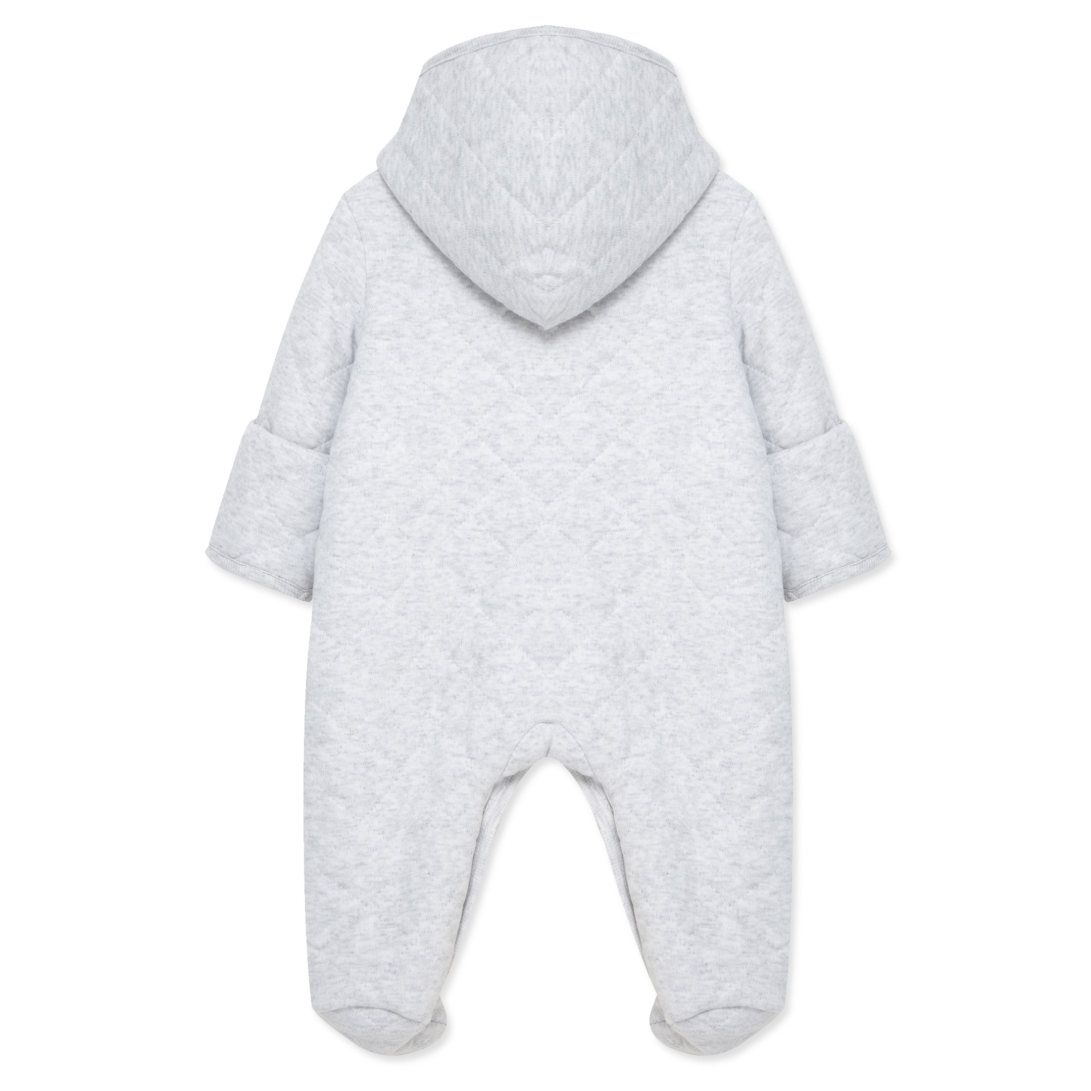 Gray baby snowsuit with a hood on a white background