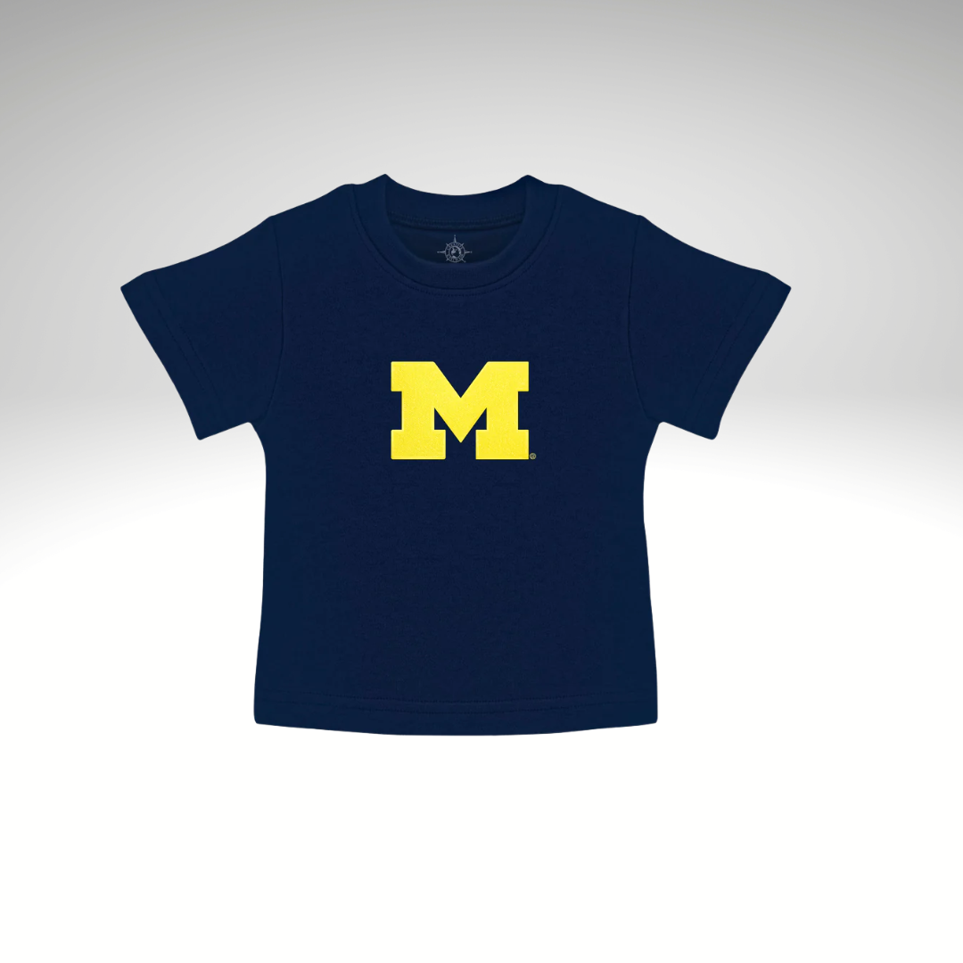 Navy blue t-shirt with a yellow 'M' on a light gray background