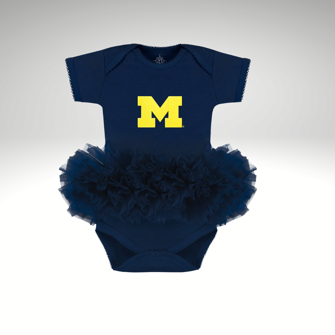 Navy baby onesie with tutu skirting and block M in Maize