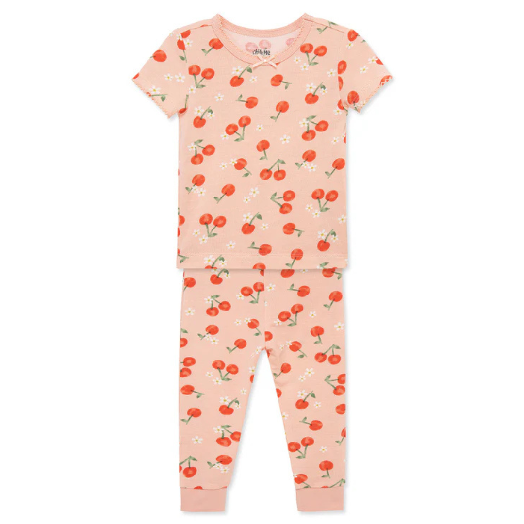 Pink Cherry Print Pajamas Short Sleeve Long Pant