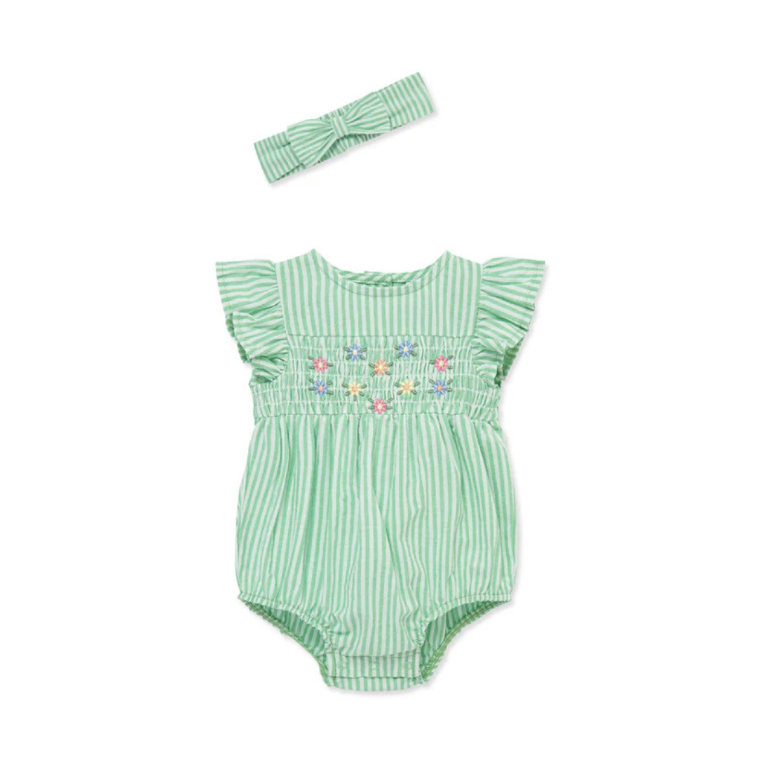 Green Embroidered Woven Romper