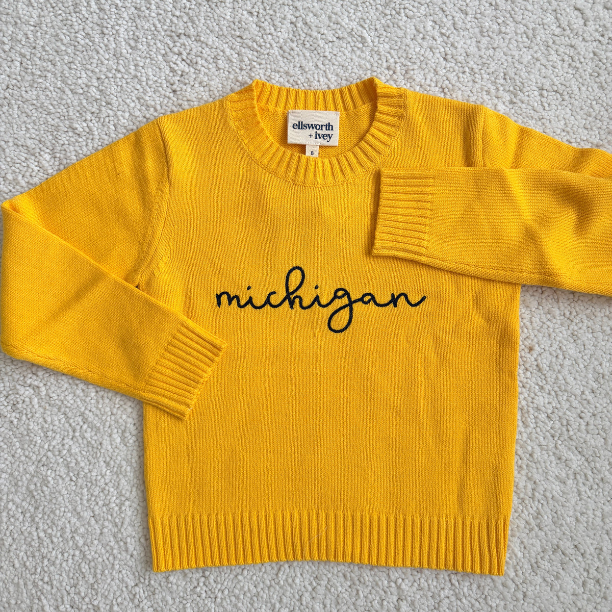 Premium Knit Cotton Sweater for University of Michigan - Kid sizes 2 to 12 years - Maize with Navy cursive Michigan