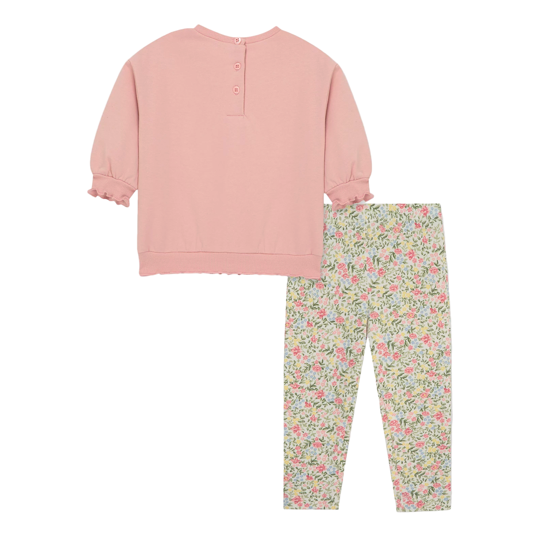 Pink sweatshirt and floral pants set on a white background