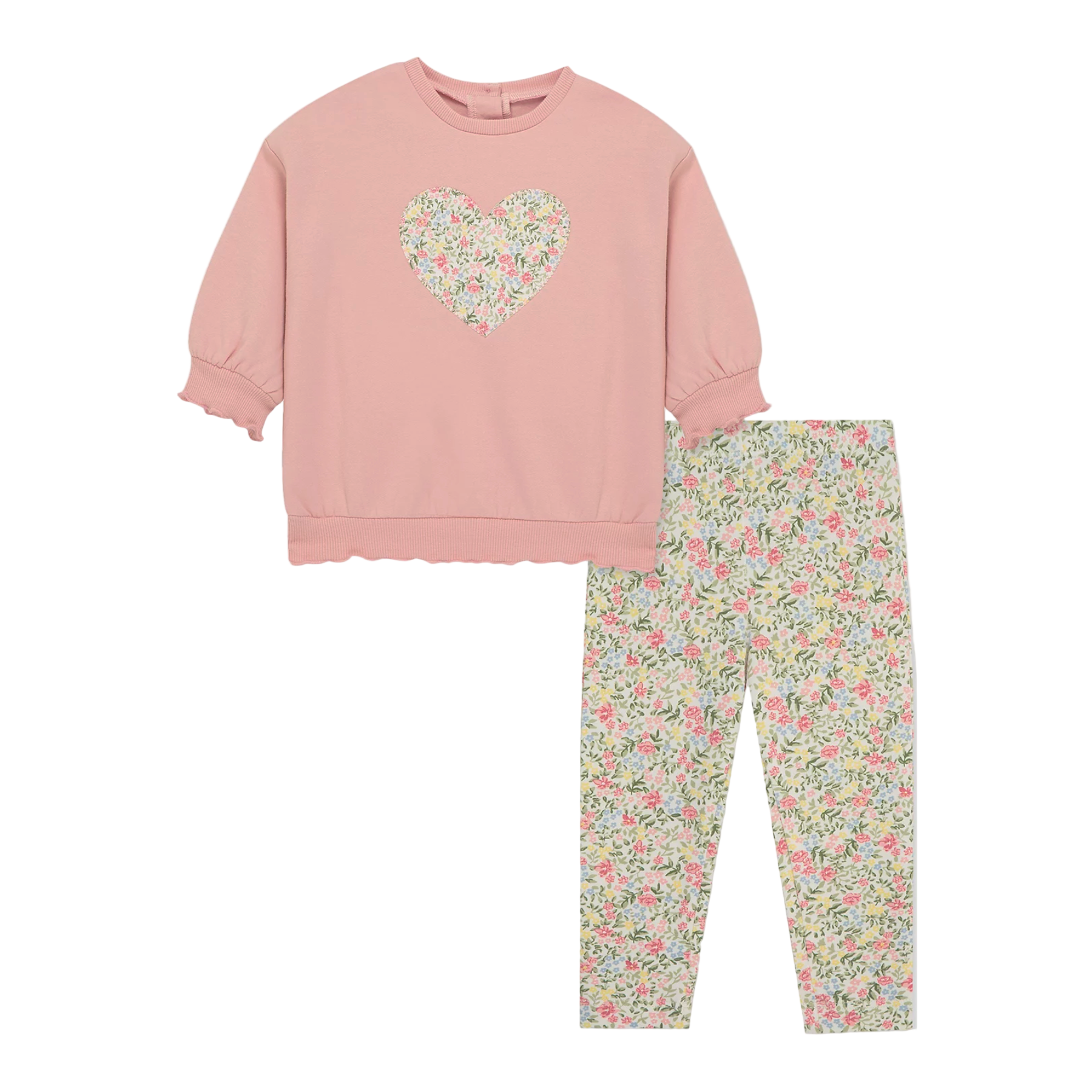 Pink sweatshirt with floral heart design and matching pants on a white background