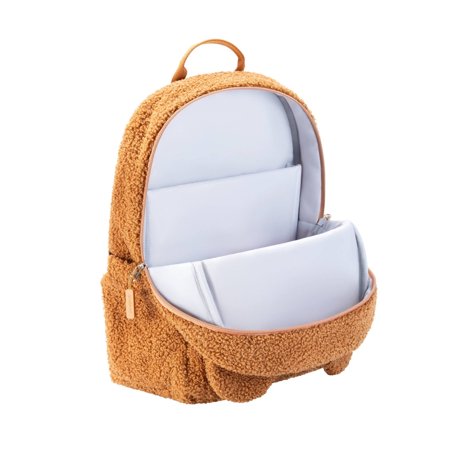 Brown backpack with a white interior on a white background