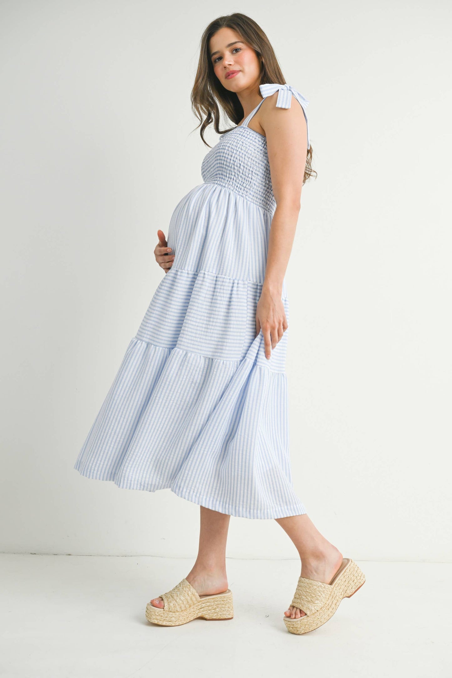 Striped Ruffle Tiered Maternity Midi Dress