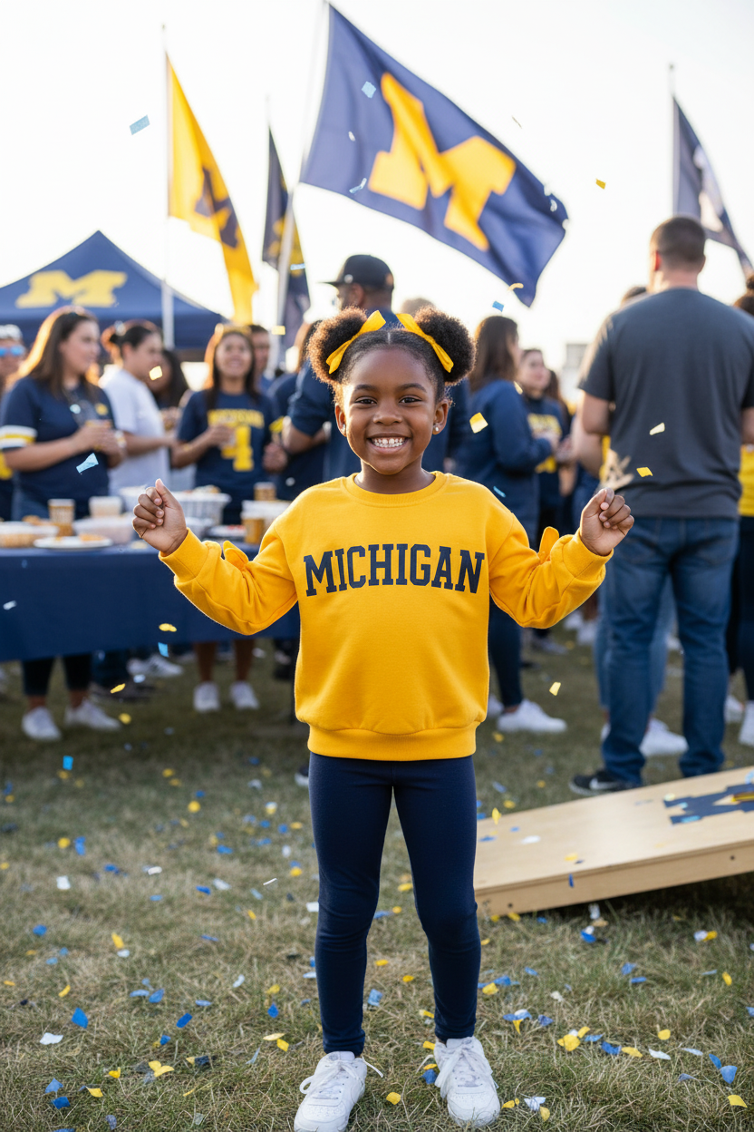 Black girl at tailgate wearing Michigan sweatshirt