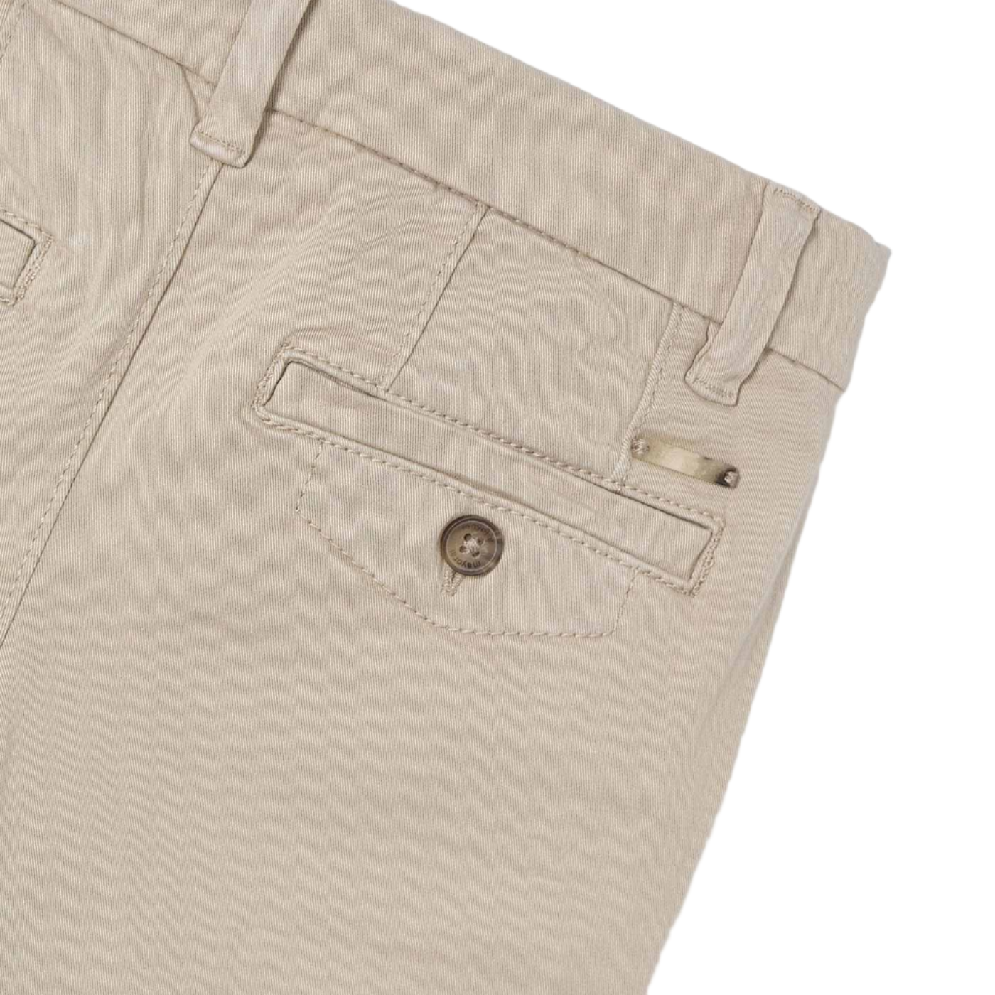 Close-up of beige pants with a pocket on a white background