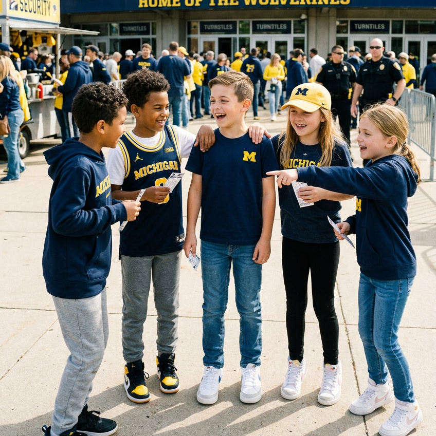 A toddler's short-sleeve crewneck t-shirt in heathered navy blue, featuring a yellow embroidered block 'M' logo on the left chest, representing the University of Michigan. The shirt is displayed flat against a solid white background.