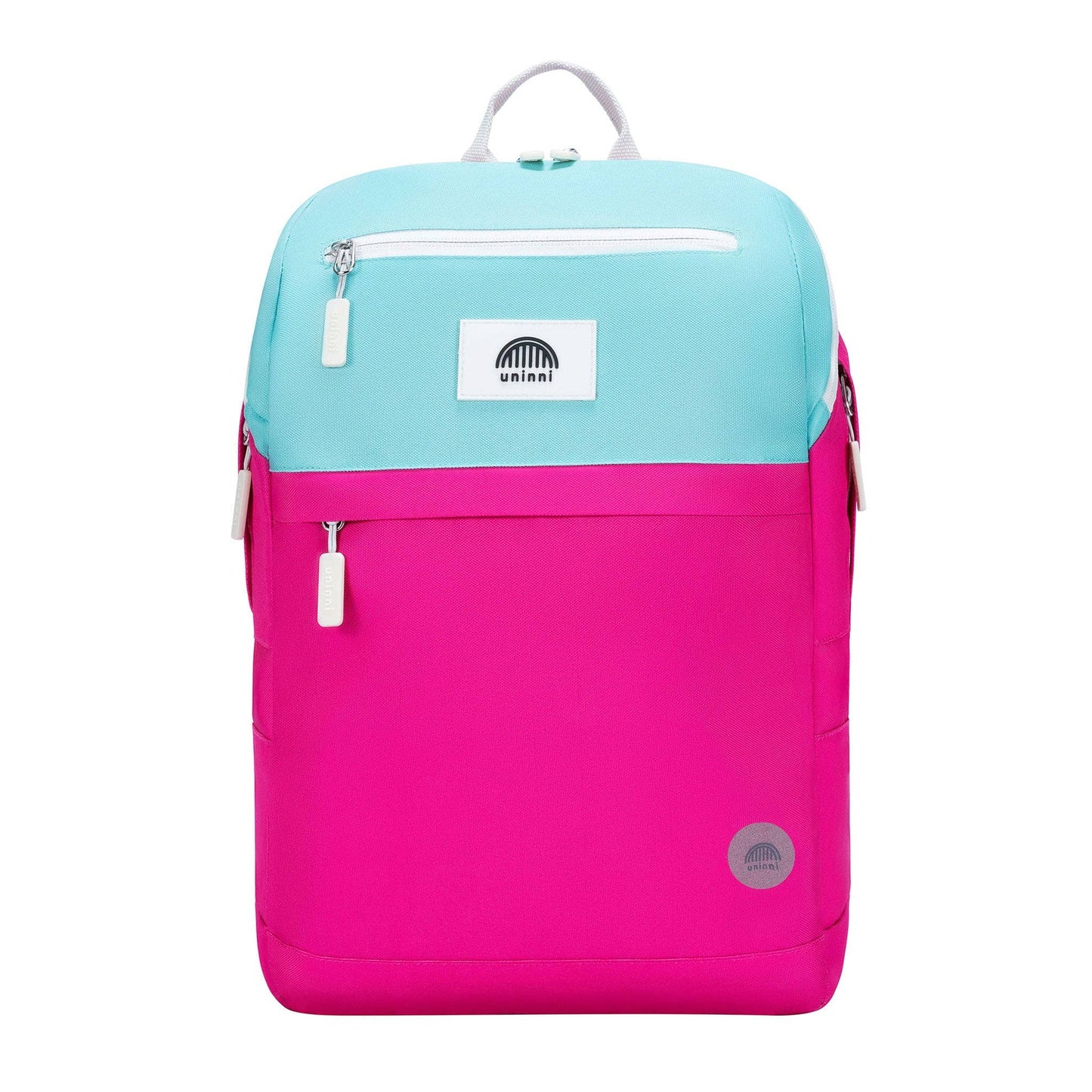Two-tone pink and light blue backpack with visible brand logo on a white background