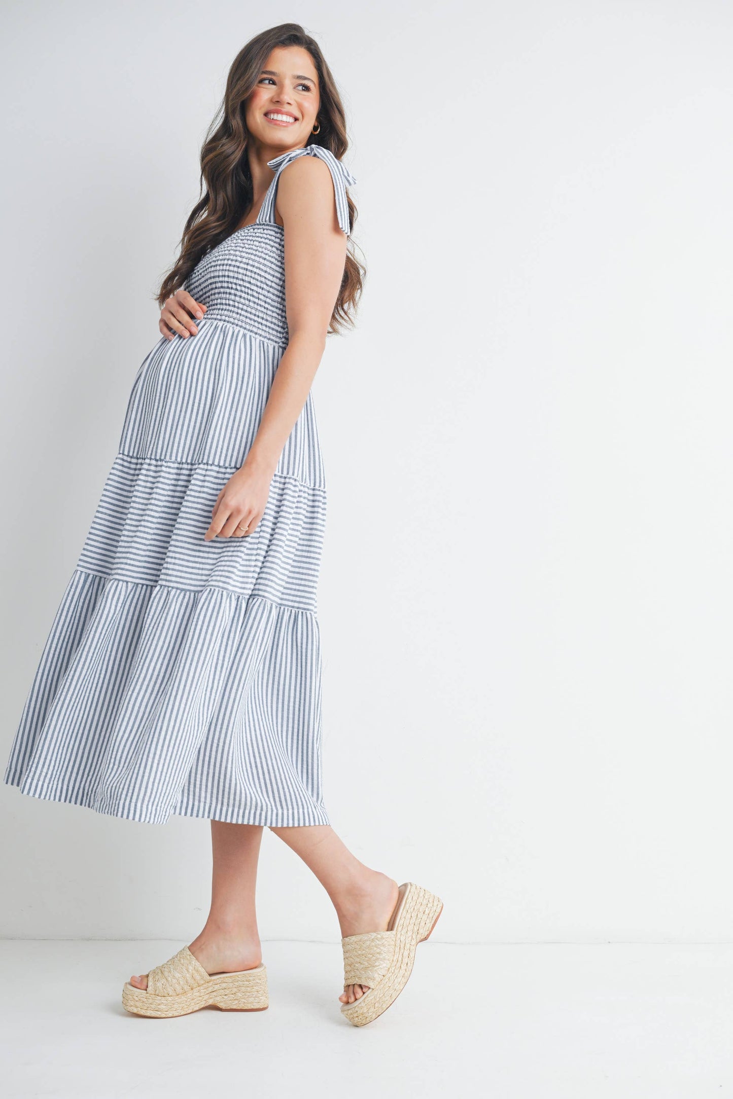Striped Ruffle Tiered Maternity Midi Dress