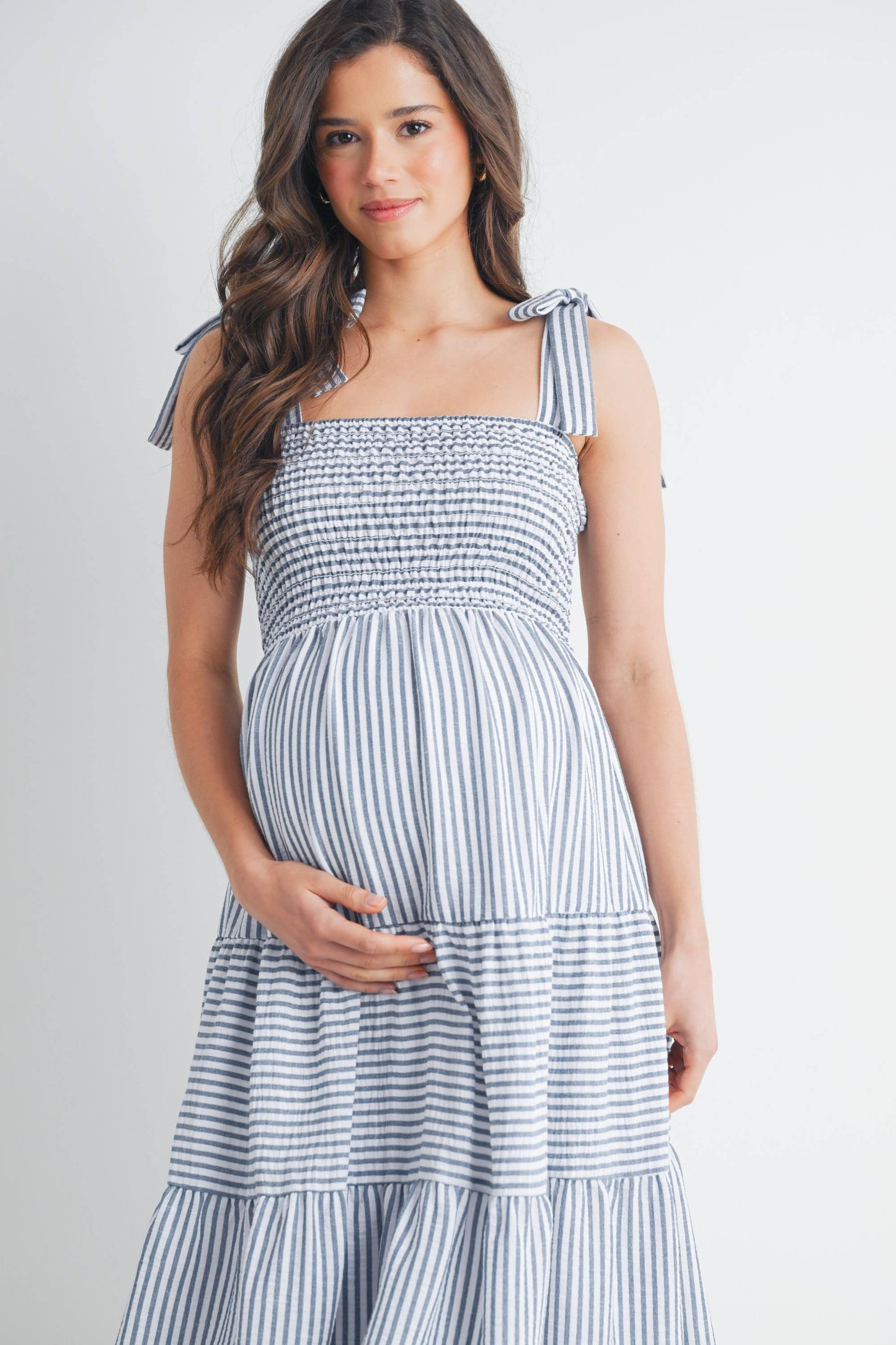 Striped Ruffle Tiered Maternity Midi Dress