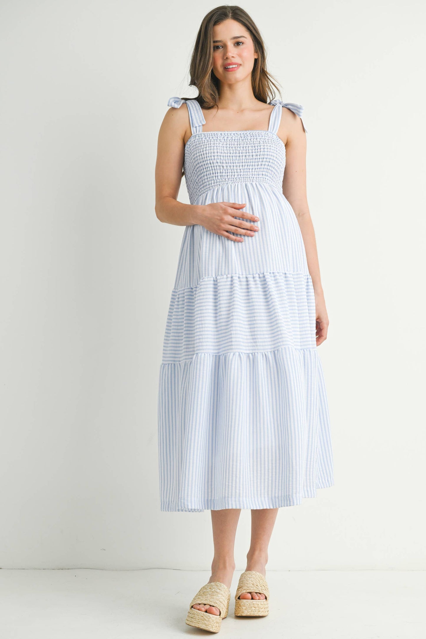 Striped Ruffle Tiered Maternity Midi Dress