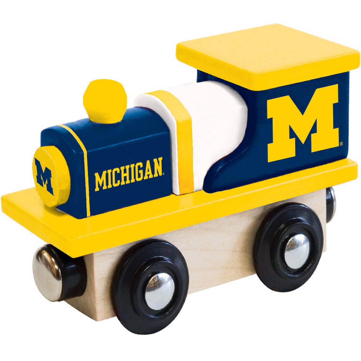 Wooden toy train engine with Michigan branding on a white background