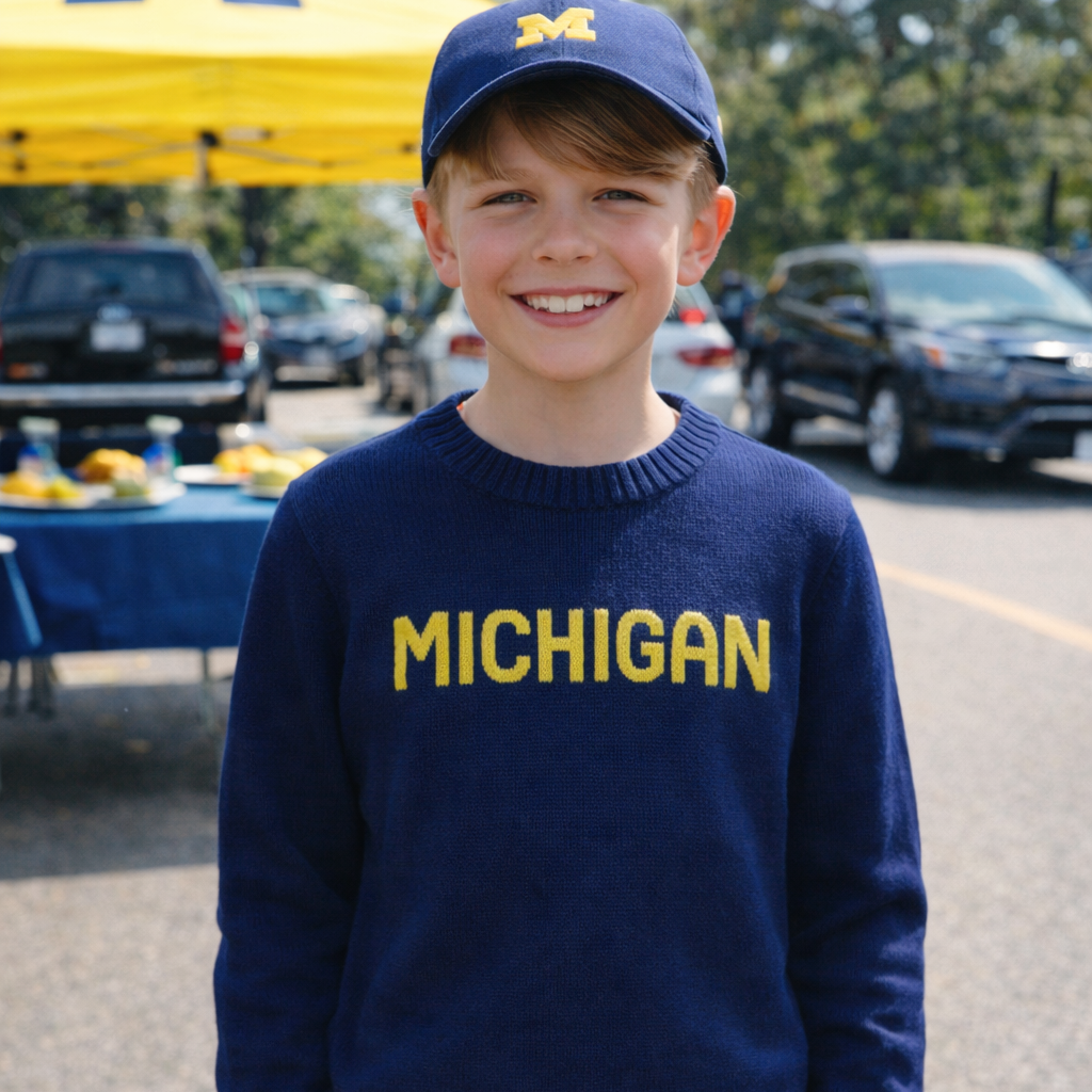 Navy Michigan Block Letters Knit Sweater