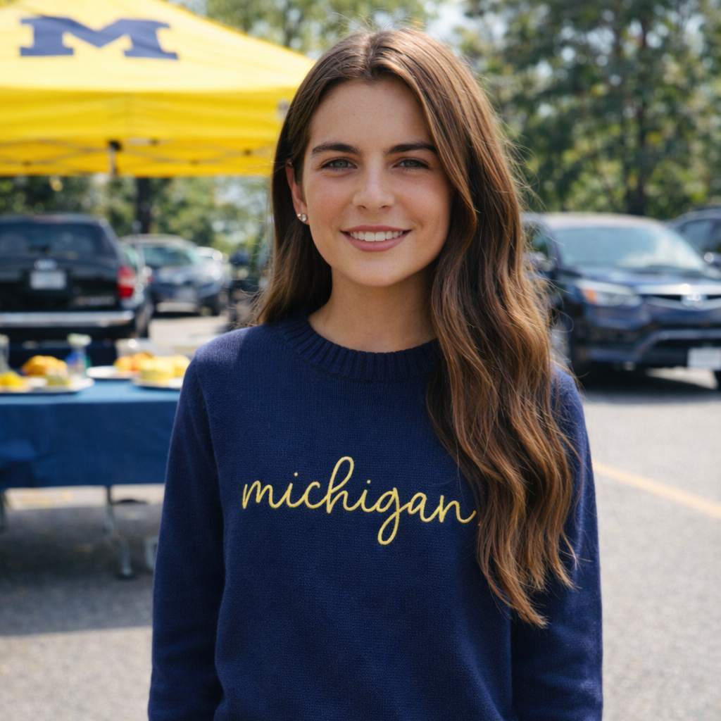 Navy Michigan Cursive Knit Sweater