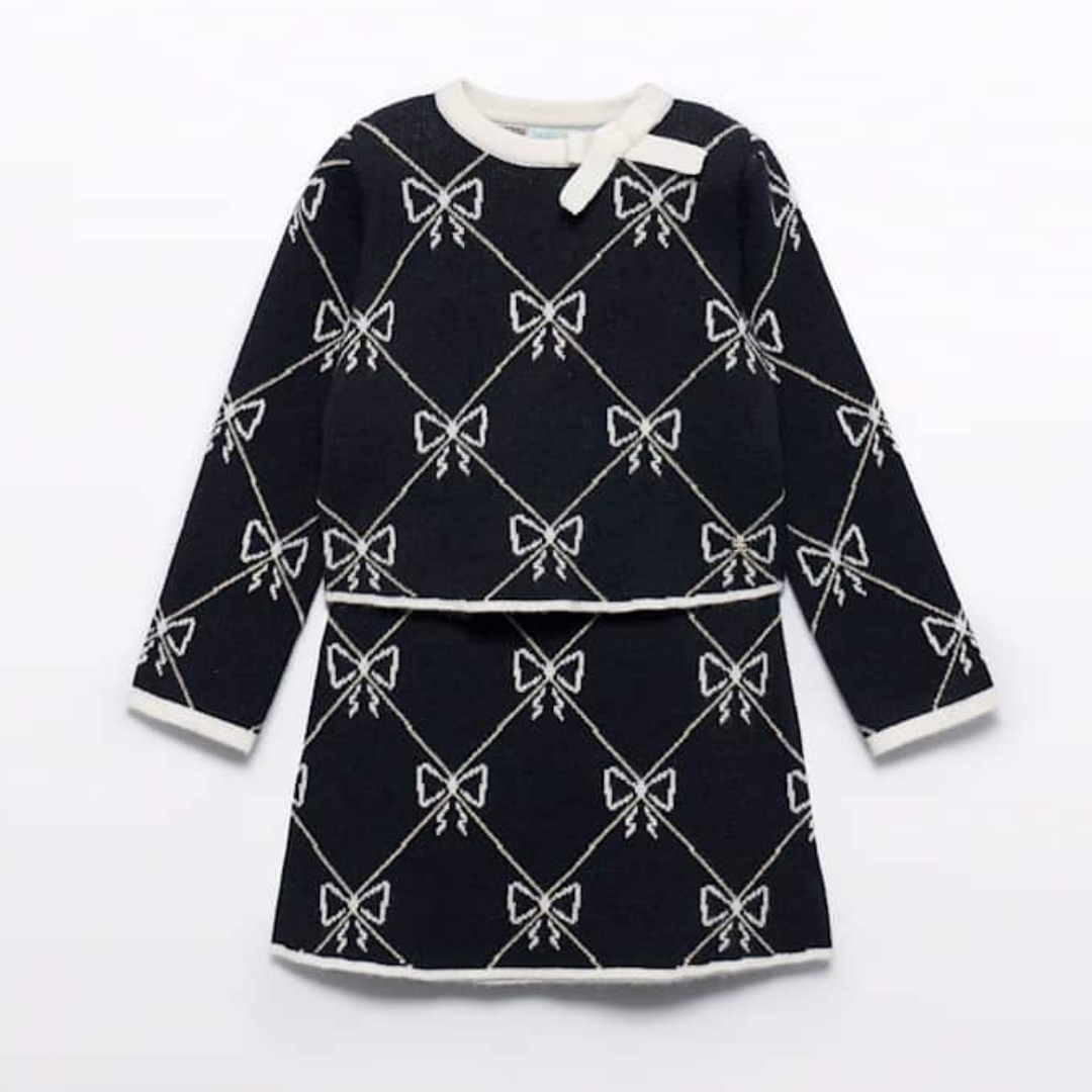 Black Tricot Bow Sweater Skirt Set