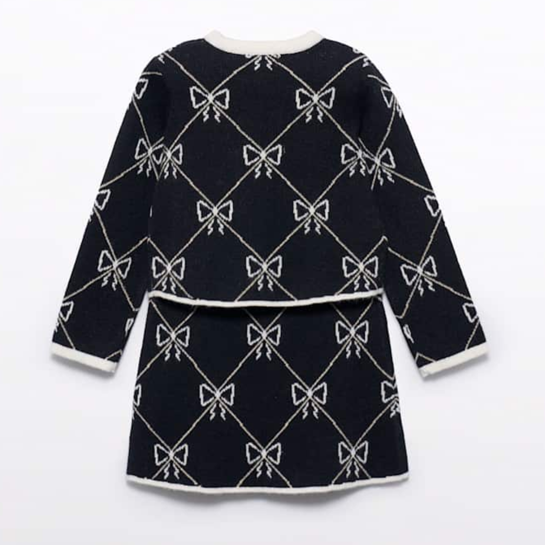 Black Tricot Bow Sweater Skirt Set