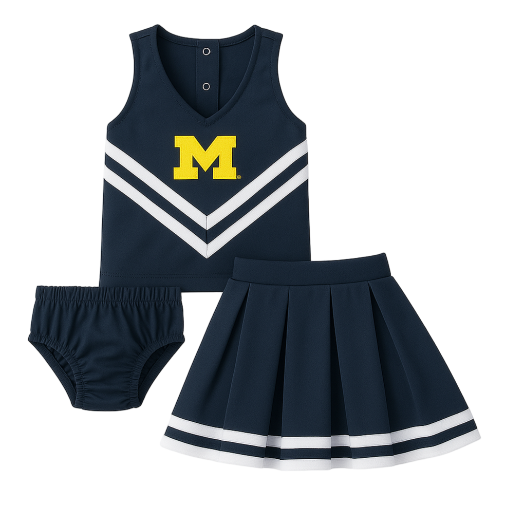 Navy blue cheerleading outfit with yellow 'M' on a white background