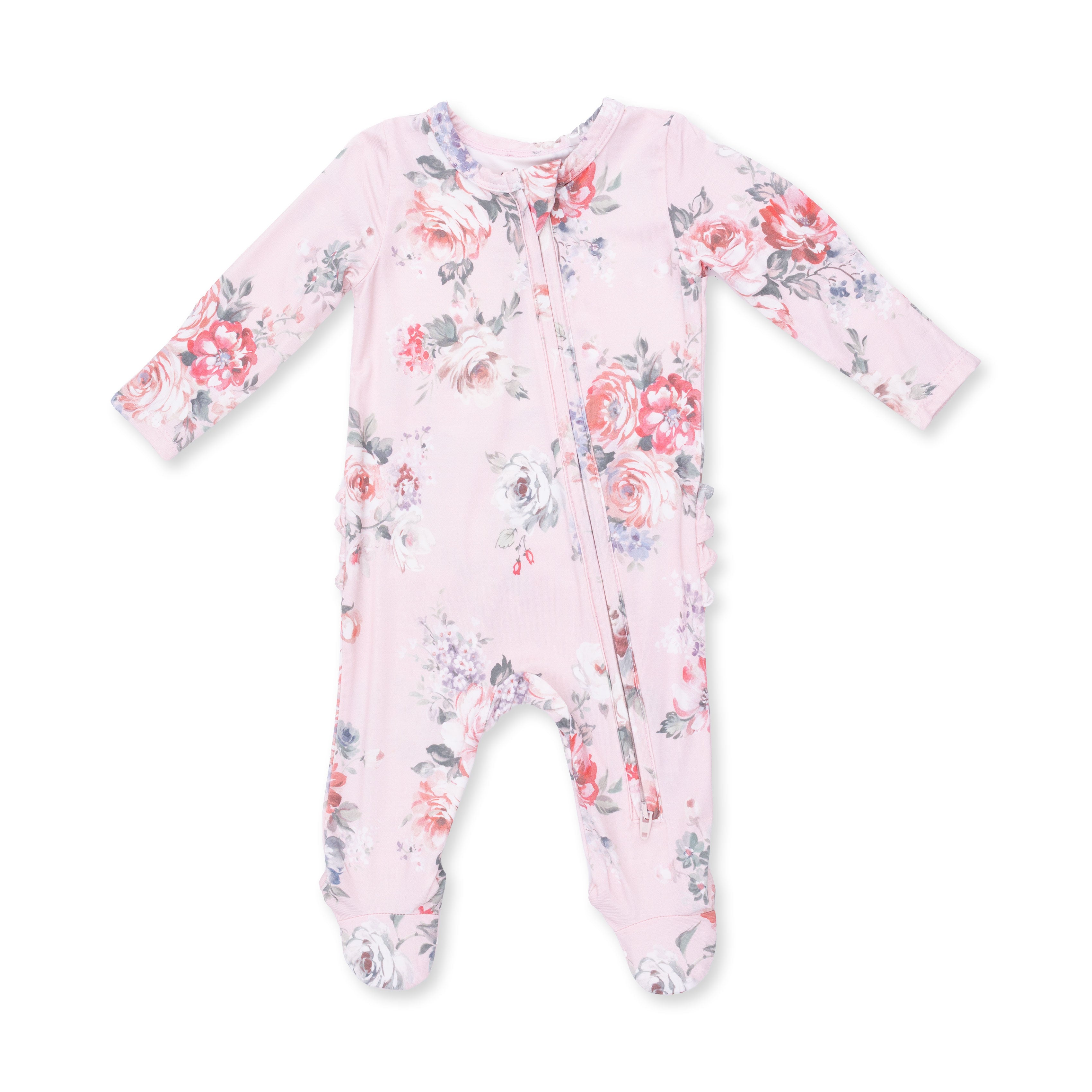 Painterly Rose Bouquets Ruffle Back Zipper Footie