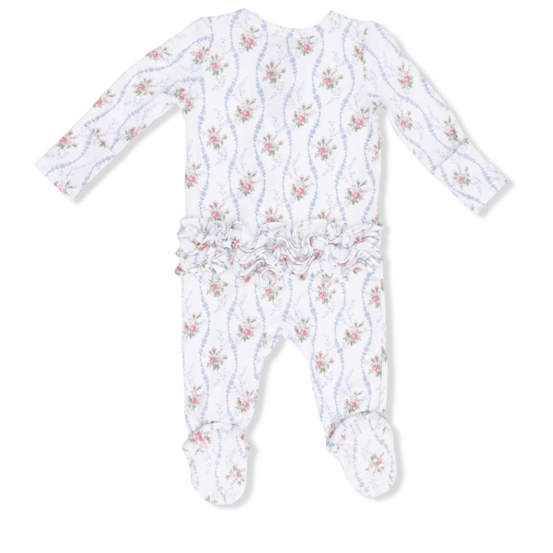 Heirloom Rose Stripe Ruffle Back Zipper Footie